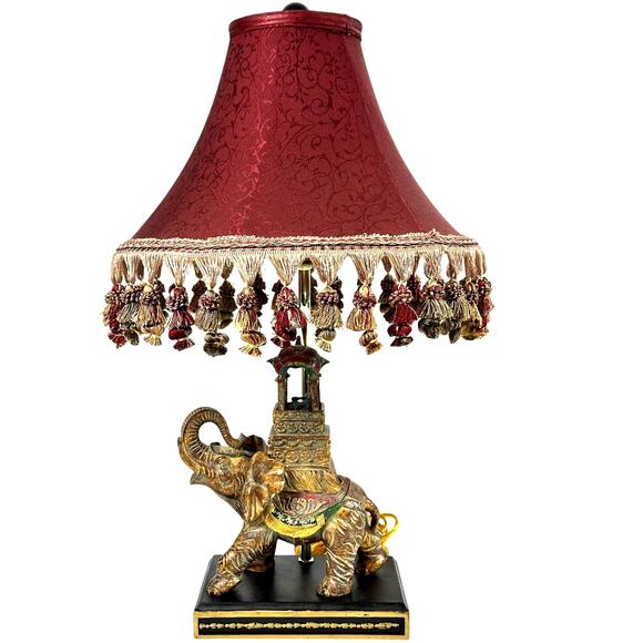 Intricately Detailed Elephant Design Accent Lamp Deep Red Shade Embellishments